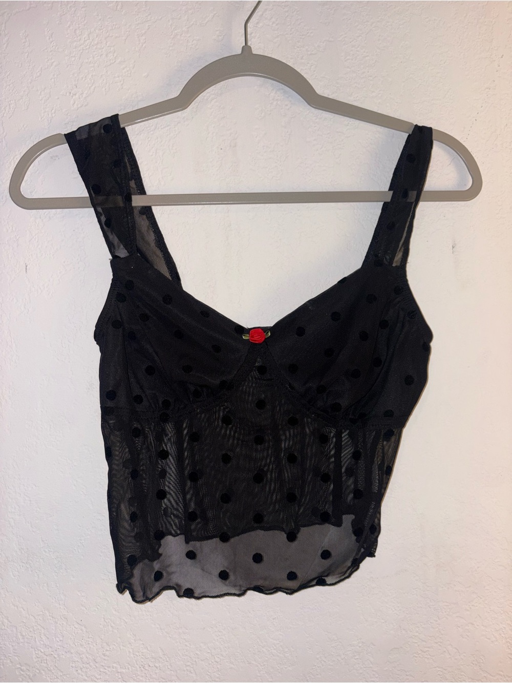 Sheer Black Polka-Dot Cropped Camisole with Red Accent